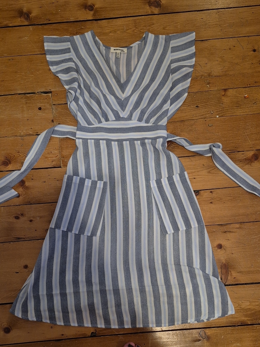 Blue & White Striped V-Neck Tie-Waist Midi Dress